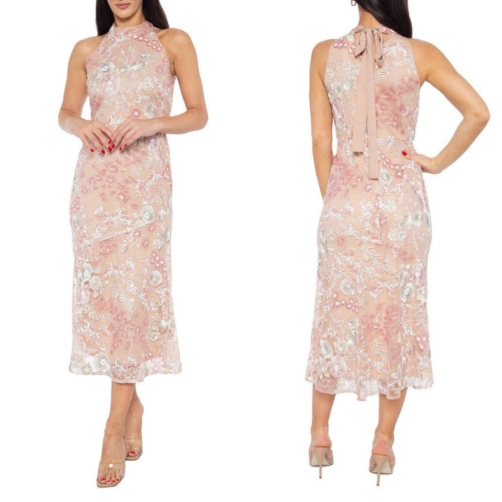 Marina Fitted Sequin Midi Length‎ Cocktail Dress, Size Medium, Champagne, NEW